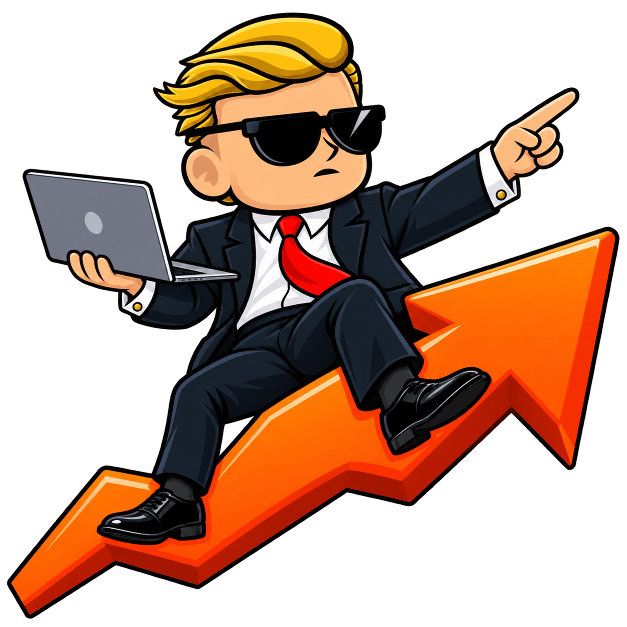 The YOLO mascot riding an orange arrow while holding a laptop
